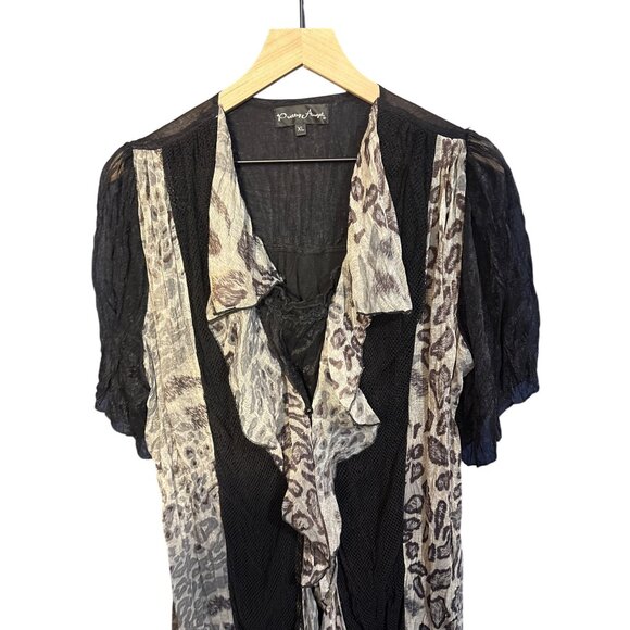 Pretty Angel Womens XL Black & Animal Print Sheer Ruffle Tunic Blouse - Picture 4 of 4